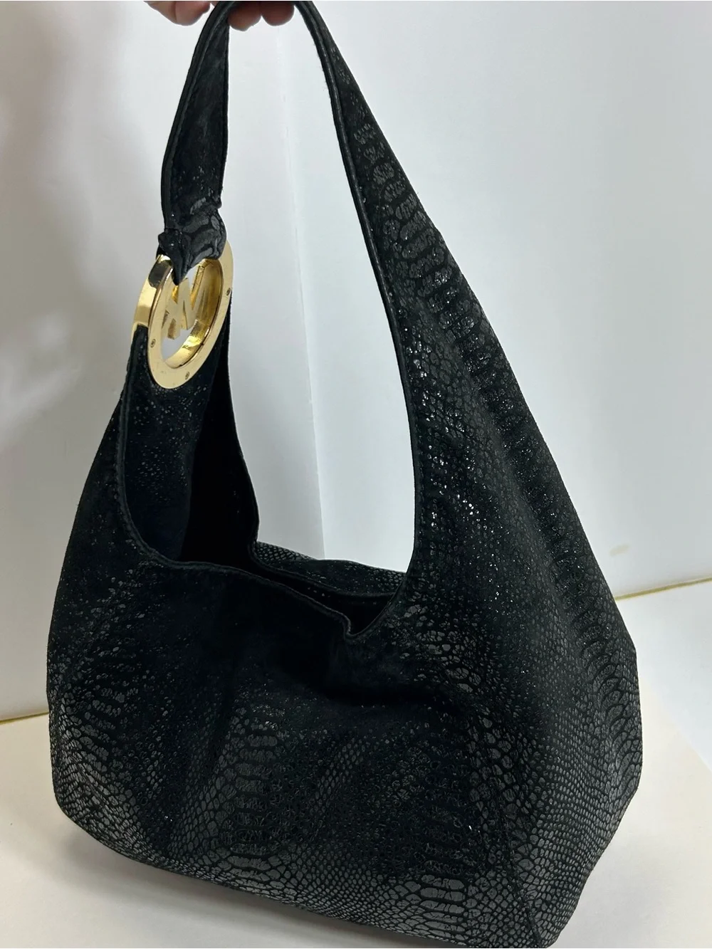 Michael Kors Black Snakeskin Hobo Shoulder Bag Purse Y2K Sparkle Gold Hardware